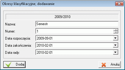 Okresy klasyfikacyjne dodawanie